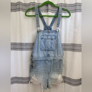 Blank NYC Light Blue Distressed Denim Short Overalls